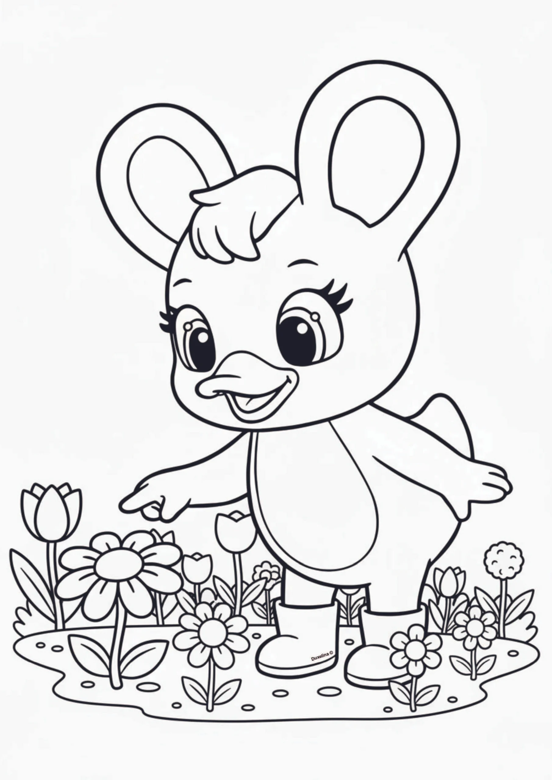 Duxelina standing in a garden patch filled with various blooming flowers, pointing her finger at a large daisy.