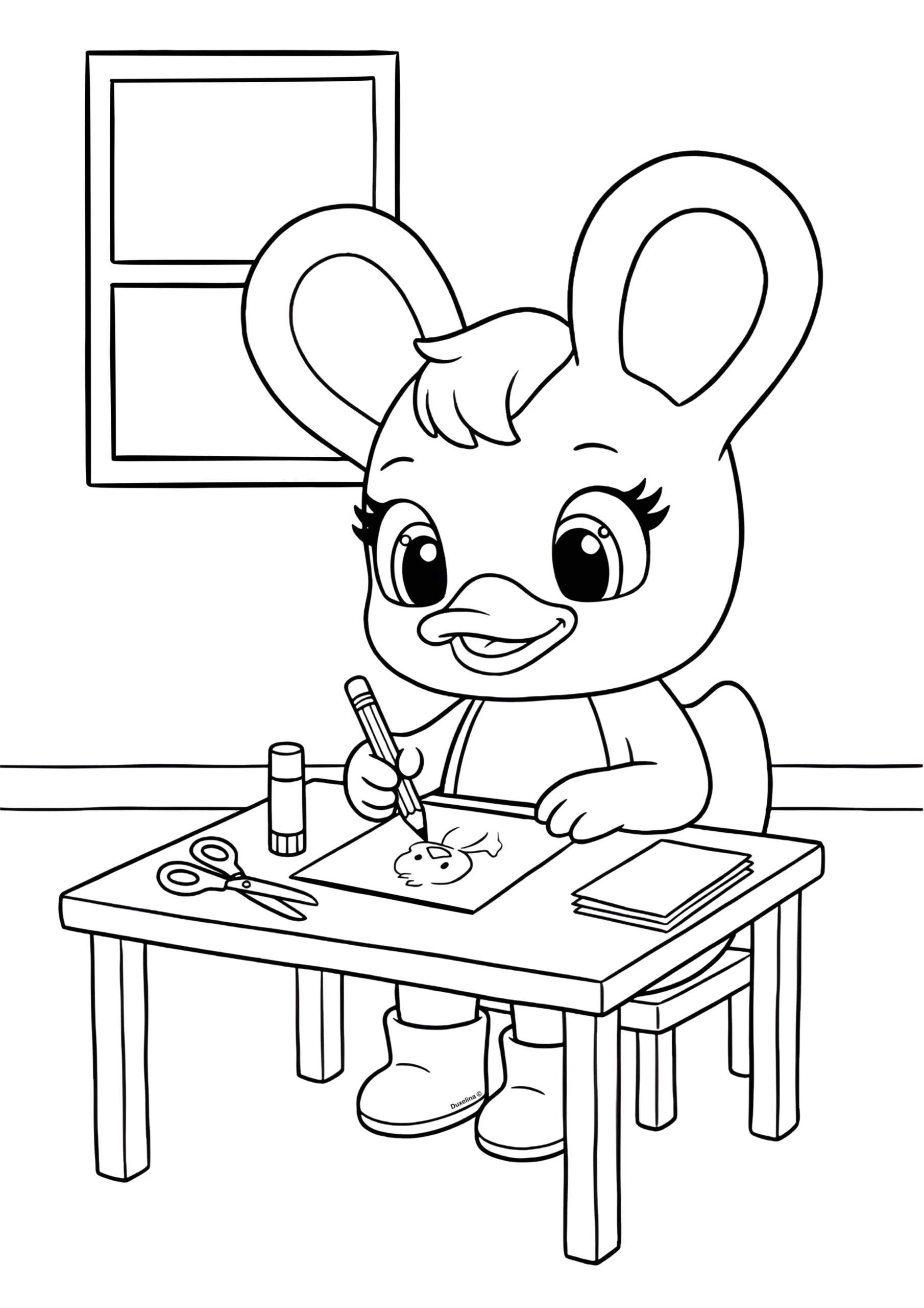 Duxelina sitting at a table and coloring a drawing during a calm indoor creative moment