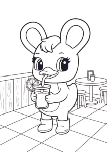 Duxelina standing on a tiled patio drinking juice from a cup with a straw and a fruit slice, with a wooden wall and a small cafe table with stools in the background.