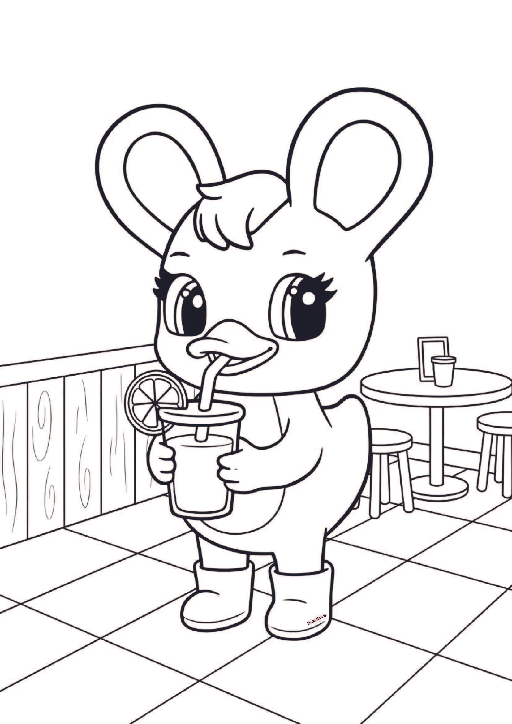 Duxelina standing on a tiled patio drinking juice from a cup with a straw and a fruit slice, with a wooden wall and a small cafe table with stools in the background.