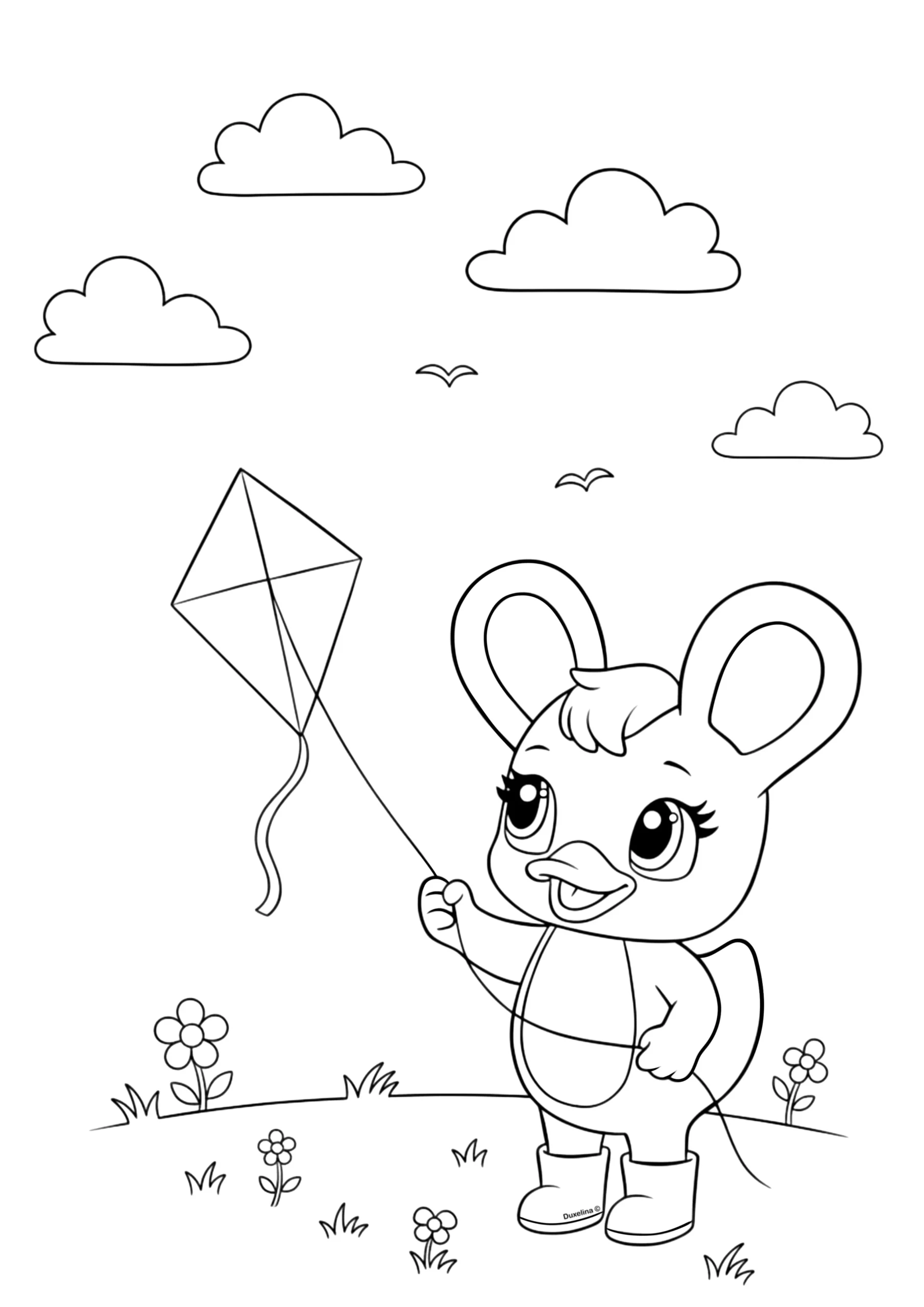 Duxelina flying a diamond-shaped kite in a grassy field with flowers, clouds, and birds in the sky.