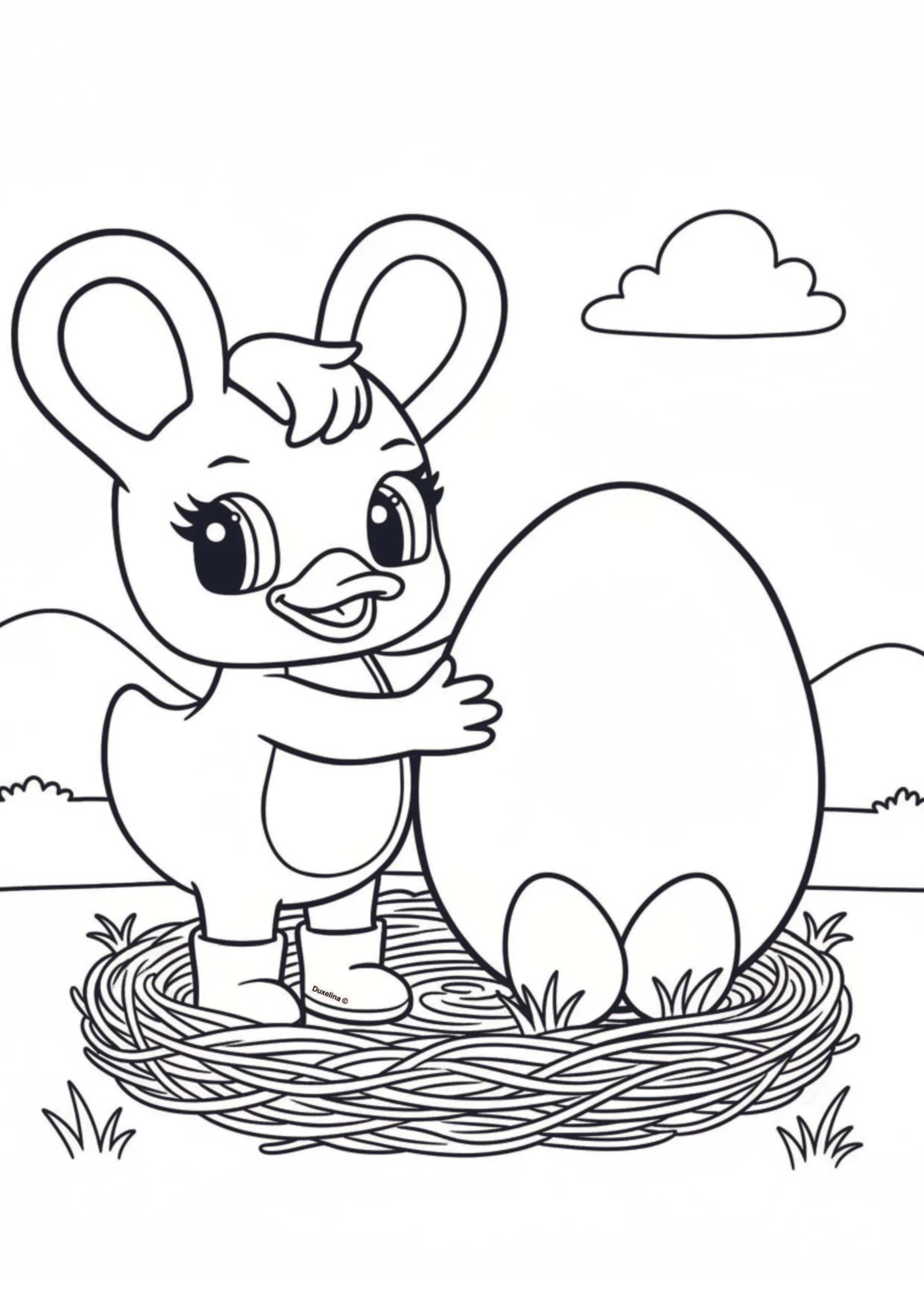 Duxelina hugging a giant egg sitting inside a woven nest in a grassy meadow with hills and a cloud in the background.