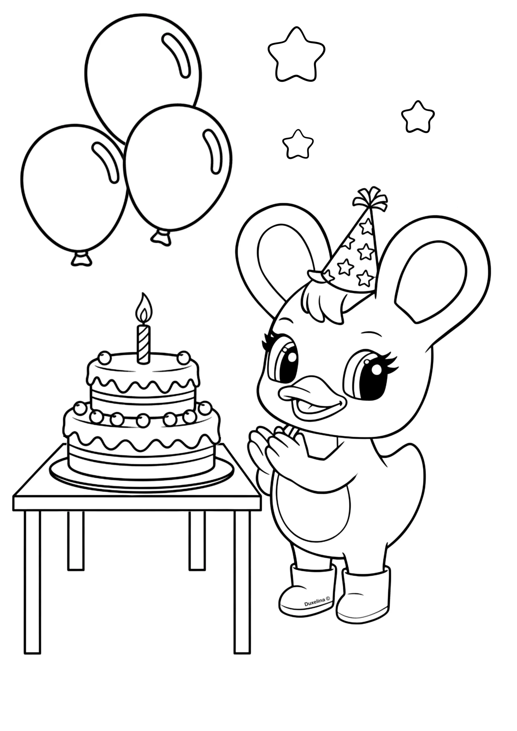 Duxelina wearing a party hat standing next to a two-tiered birthday cake with a candle, balloons, and stars.
