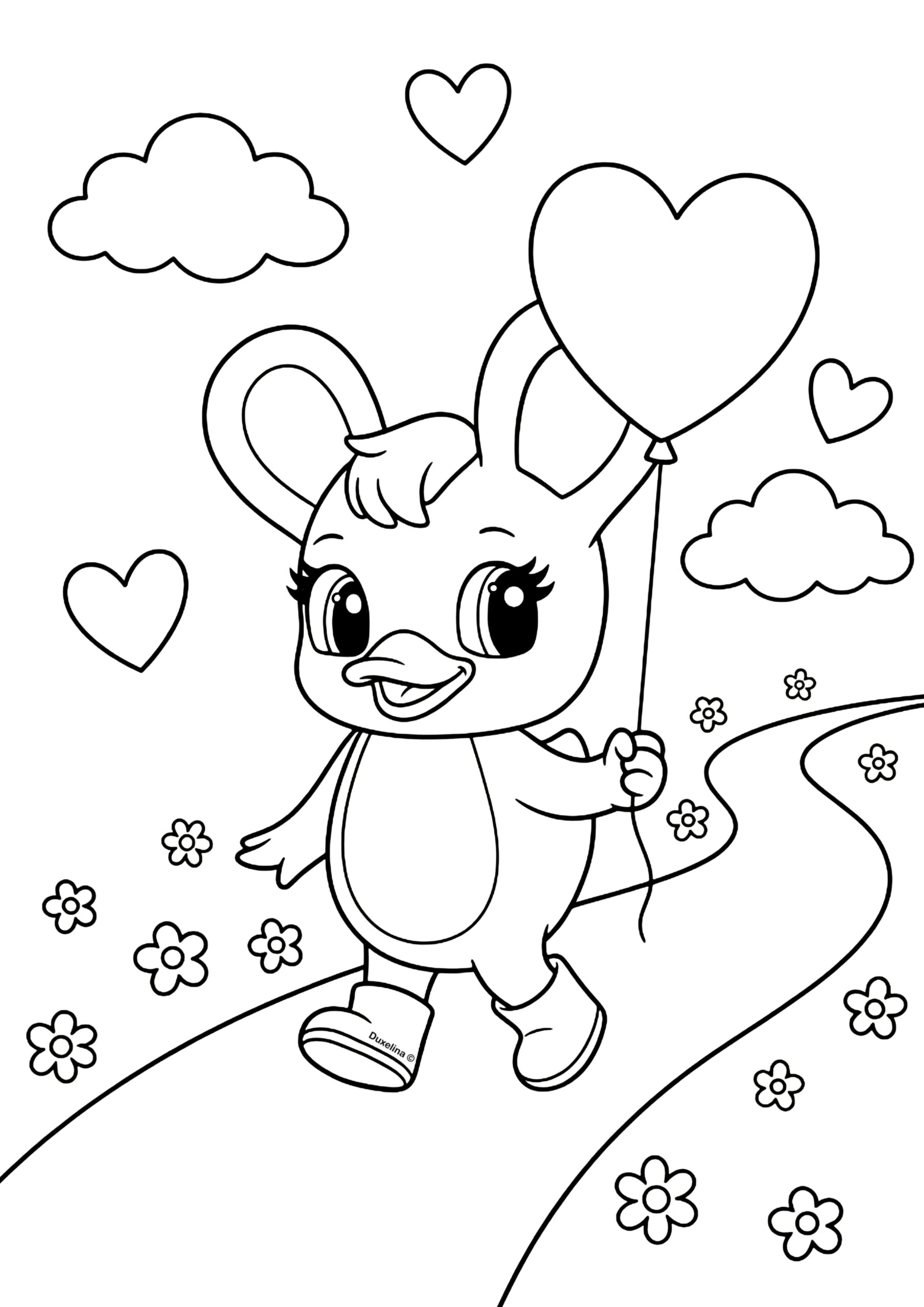 Duxelina walking along a path while holding a heart-shaped balloon, surrounded by flowers and clouds