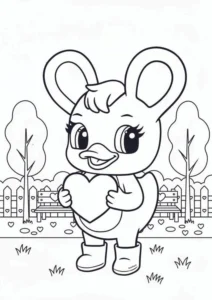 Duxelina standing in a park holding a large heart, with trees, a fence, a bench, and tiny hearts scattered on the ground.