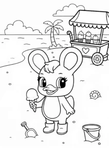 Duxelina holding an ice cream cone on the beach with an ice cream cart, palm tree, and sand toys in the background.