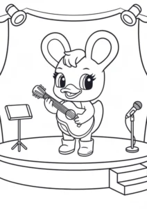 Duxelina standing on a stage playing an acoustic guitar, with a microphone, a music stand, stage lights, and curtains in the background.