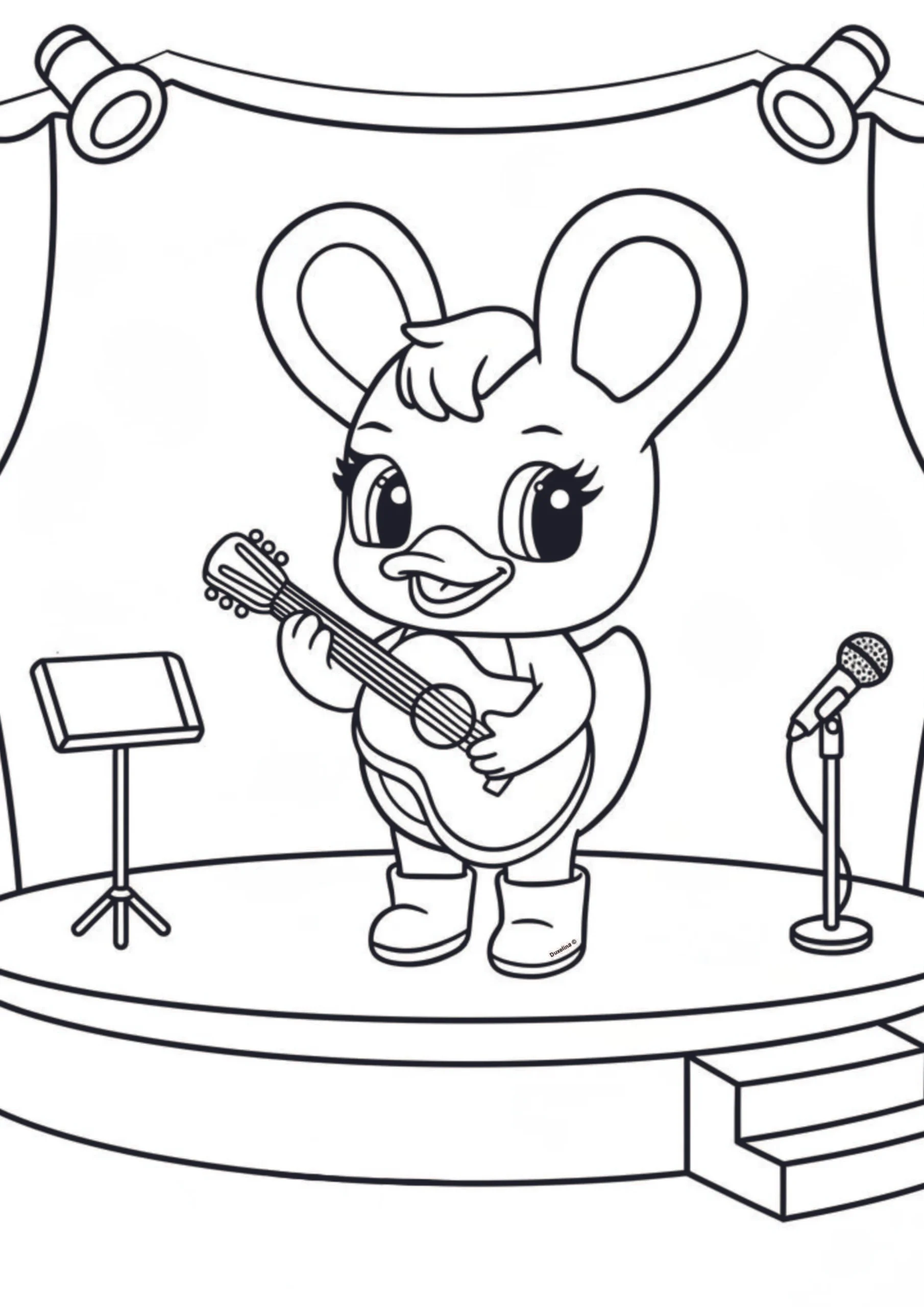 Duxelina standing on a stage playing an acoustic guitar, with a microphone, a music stand, stage lights, and curtains in the background.