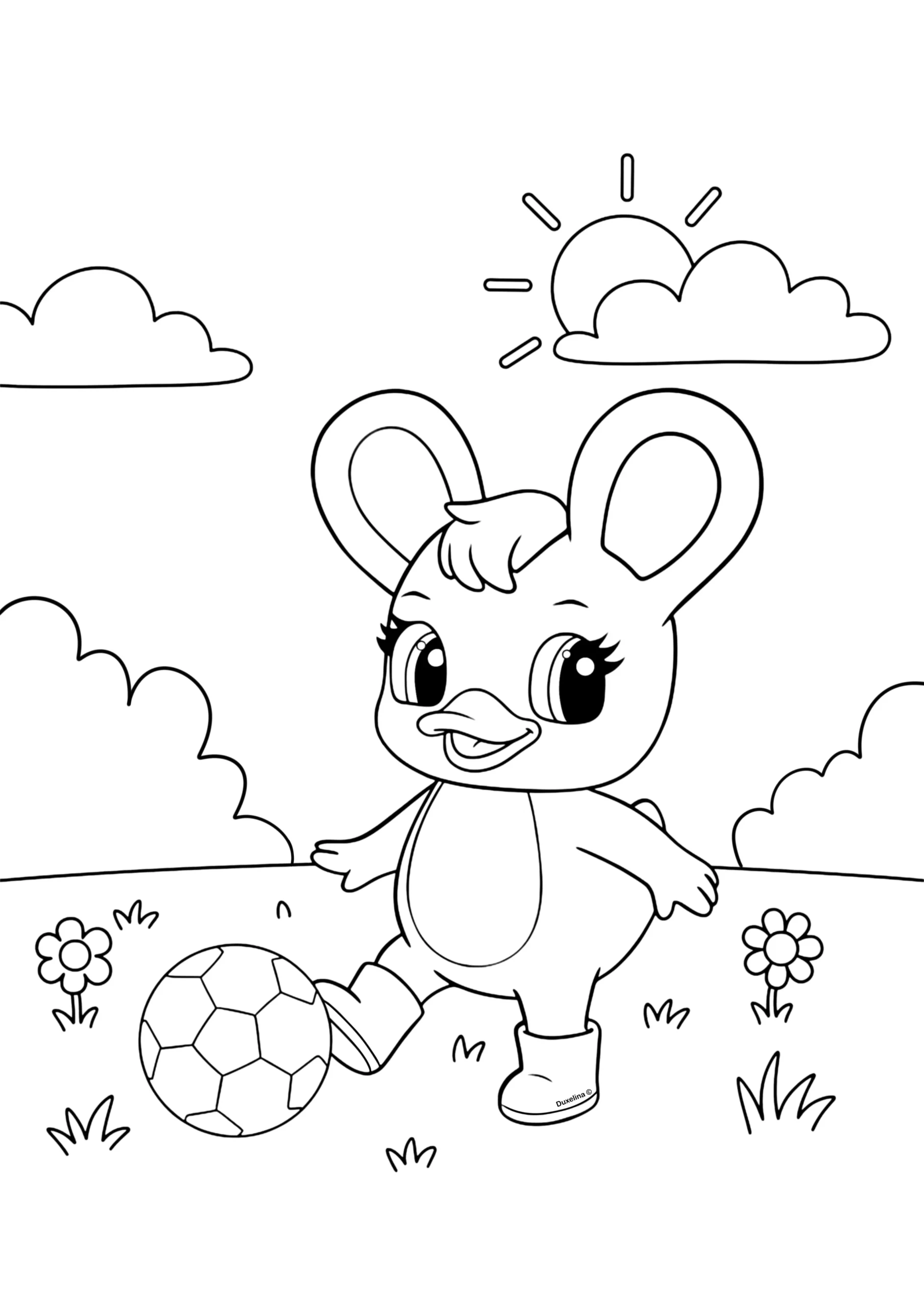 Duxelina kicking a soccer ball in a grassy field with a smiling sun, clouds, and flowers in the background.