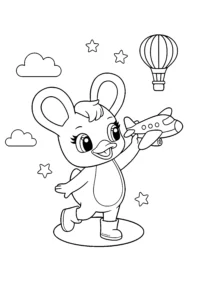 Duxelina holding a toy airplane with a hot air balloon, clouds, and stars in the background.