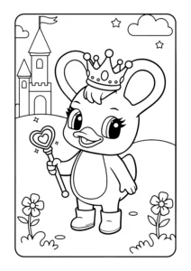 Duxelina dressed as a queen with a crown and heart wand, standing in front of a castle and flowers.
