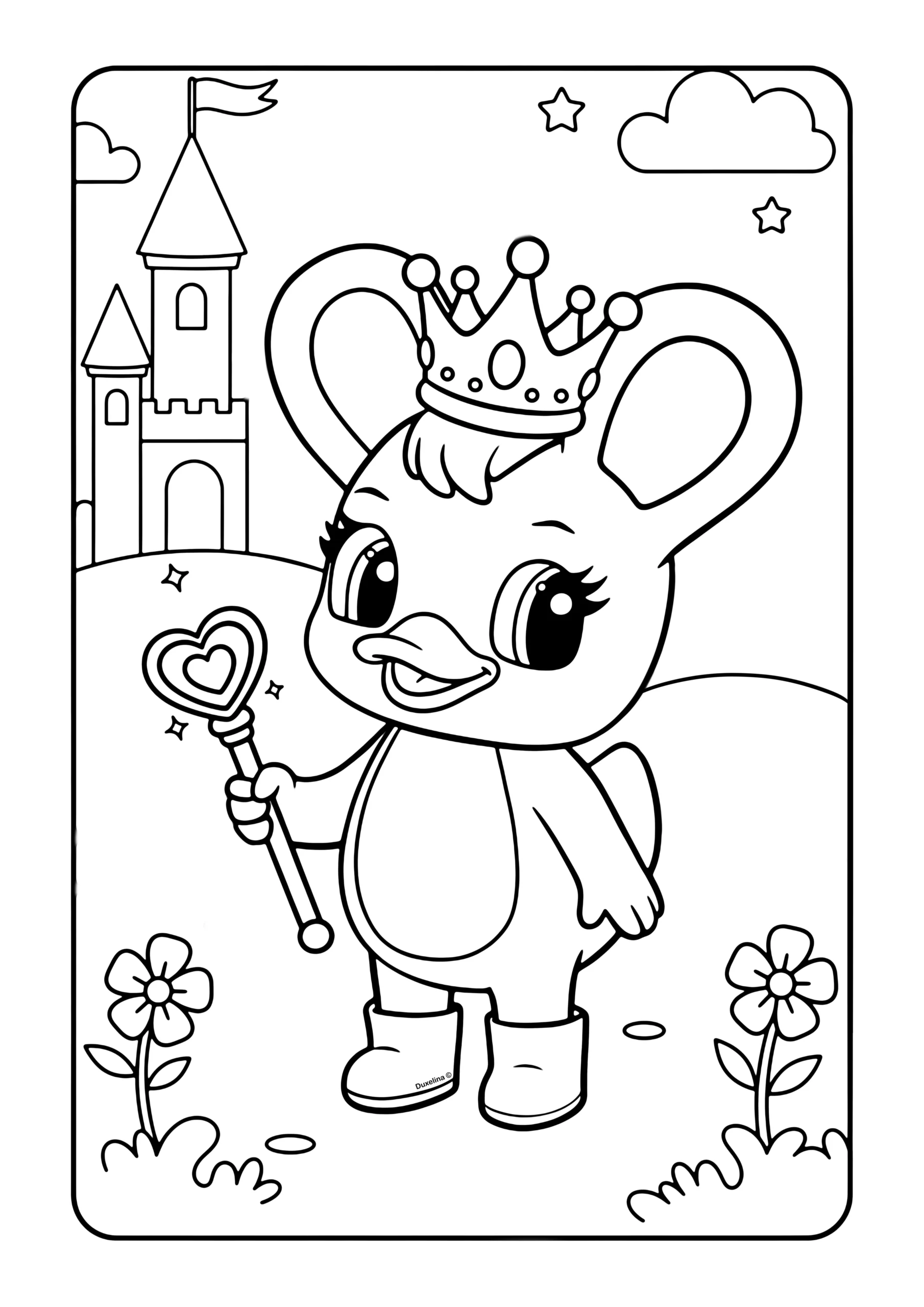 Duxelina dressed as a queen with a crown and heart wand, standing in front of a castle and flowers.