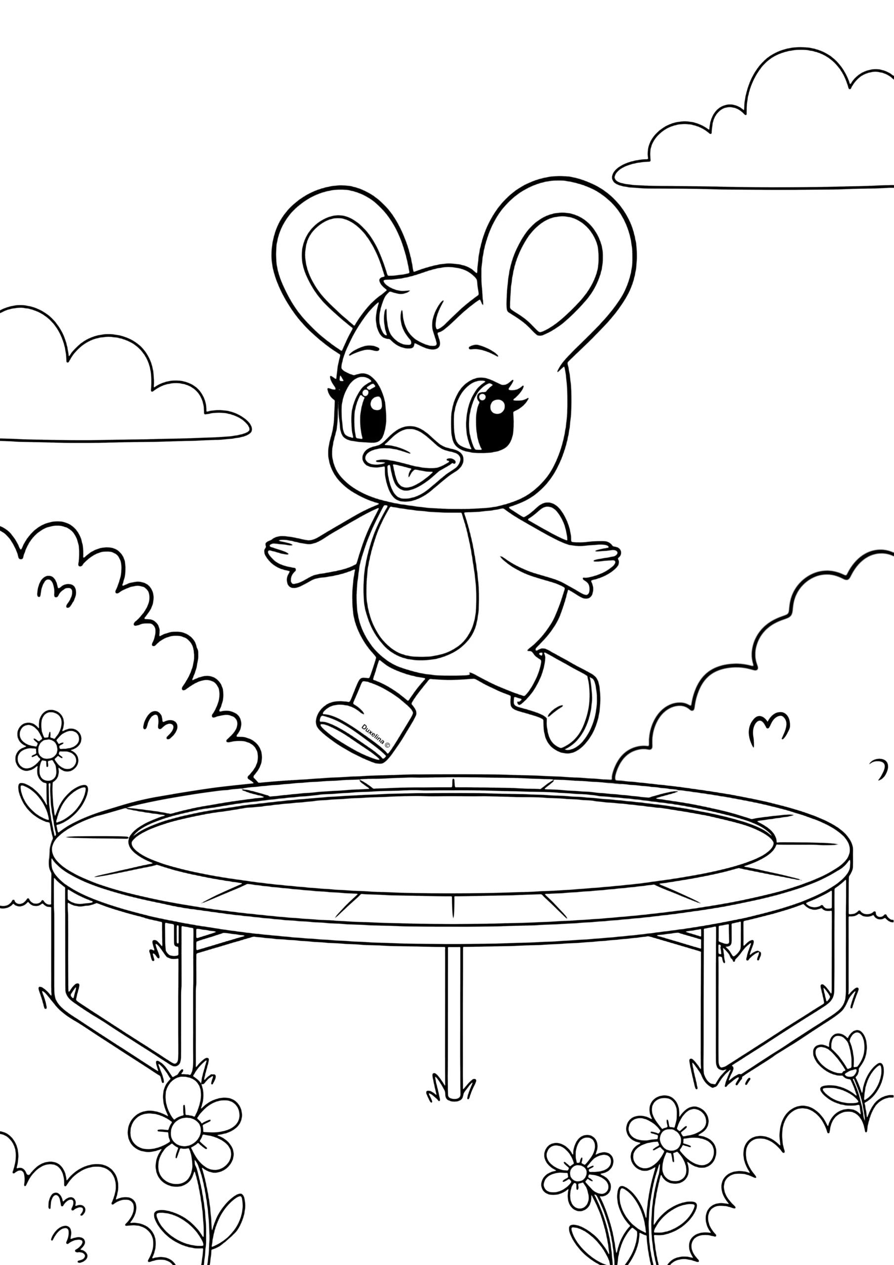 Duxelina jumping high on a round trampoline in a garden with bushes, flowers, and clouds.