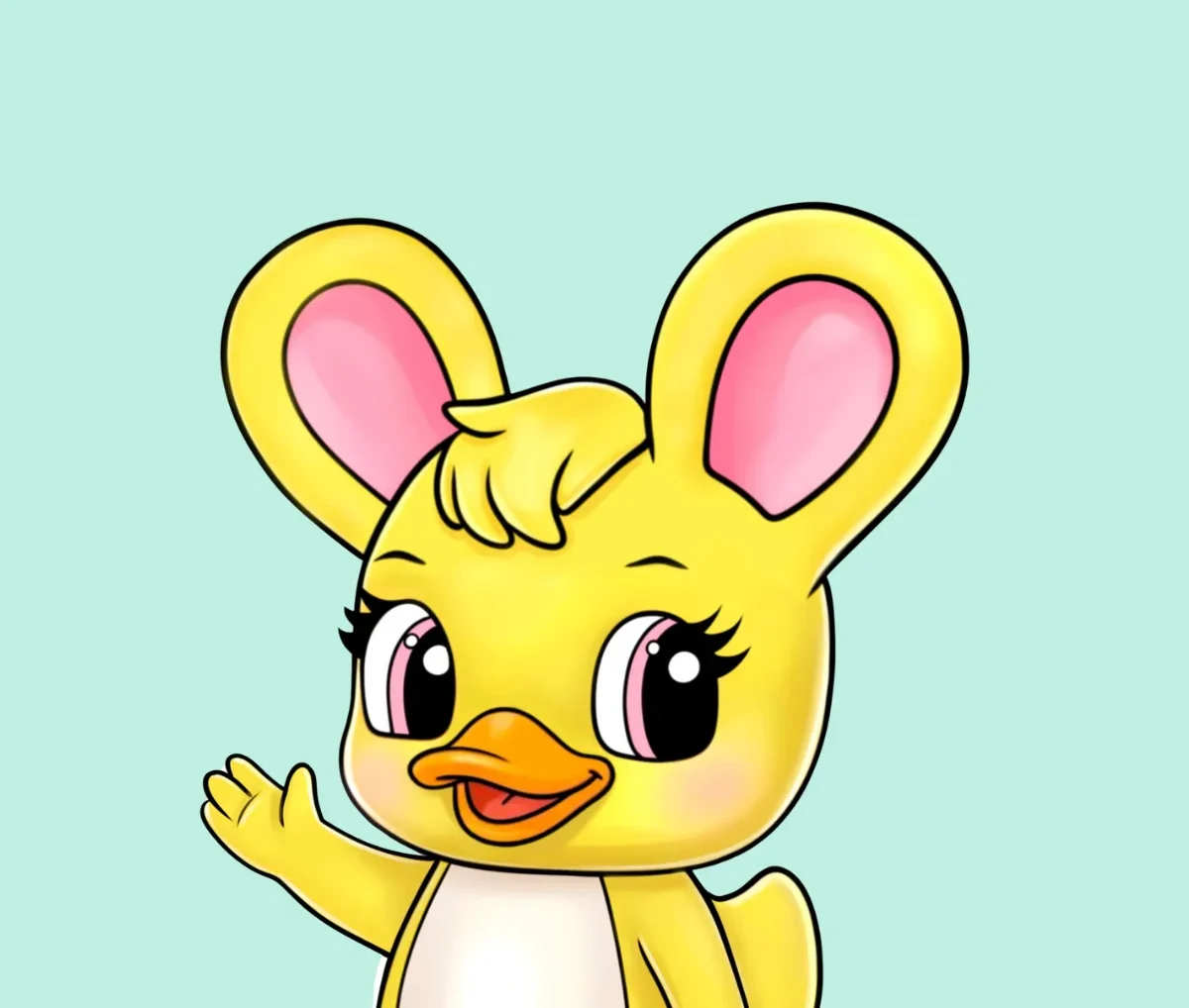 A friendly illustration of Duxelina waving and smiling